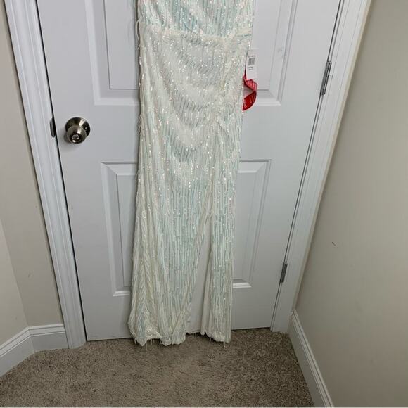 B Darlin white fringe sequin slit front maxi dress homecoming prom bridal shower - Picture 3 of 10